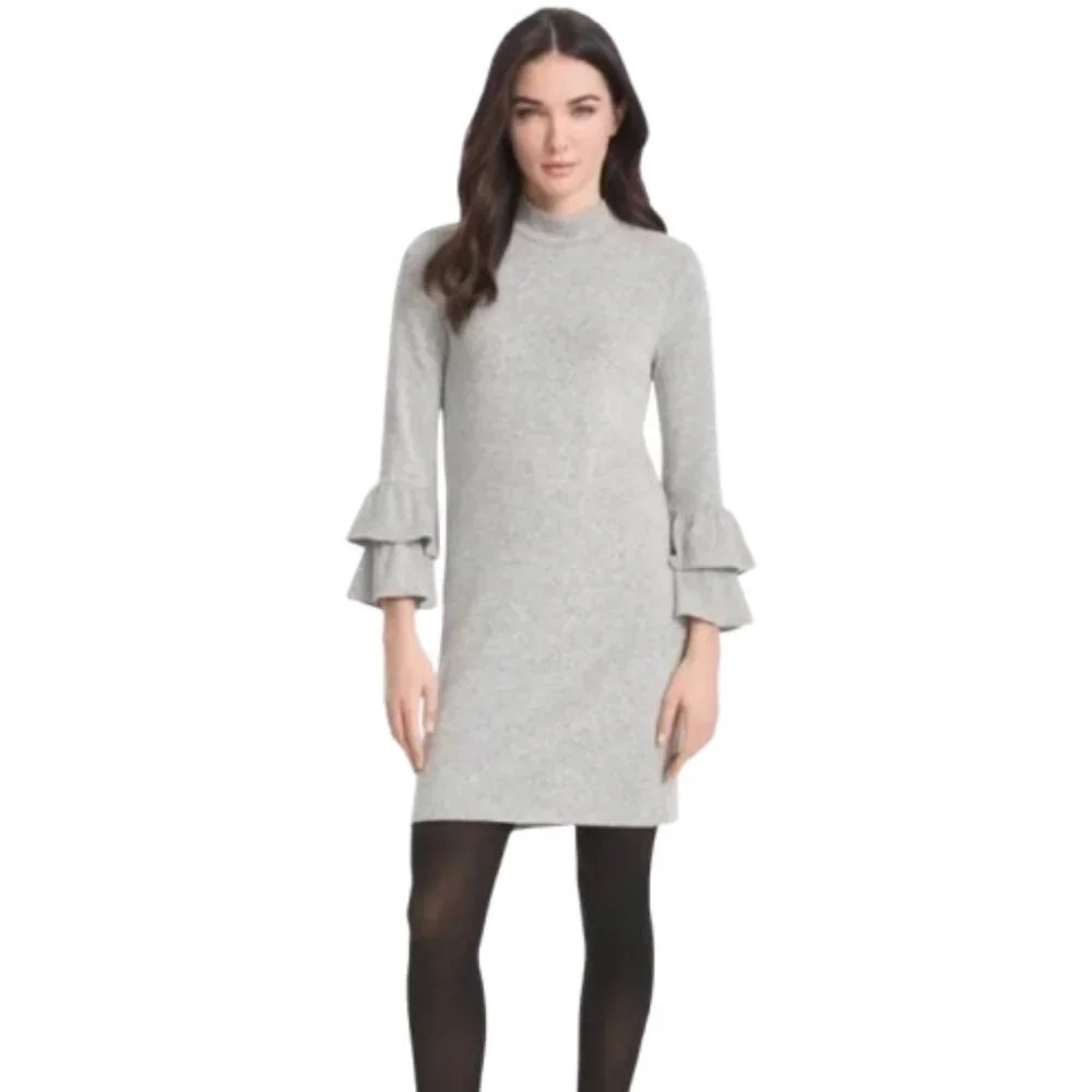 Women's M WHBM Gray Bell Sleeve Knit Mock Neck Sweater Dress Tiered Sleeves